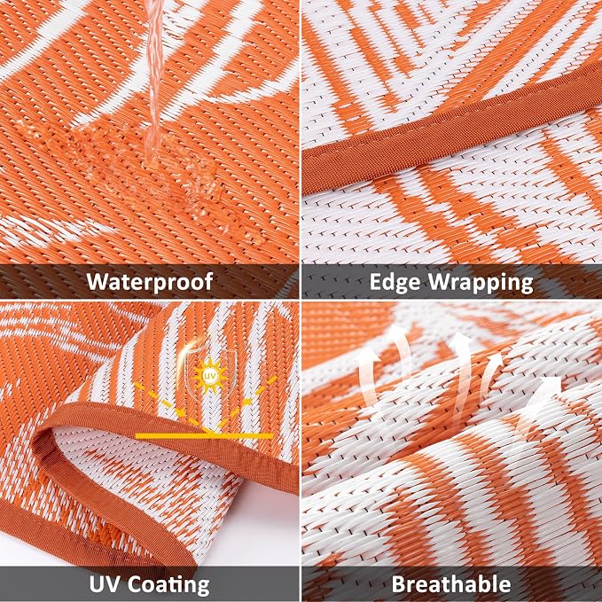 Pauwer Waterproof Outdoor Rug 8ft, Reversible Plastic Straw Patio Camping Rug, Indoor Outdoor RV Mat Carpet for Deck, Camper, Porch, Balcony, Backyard, Picnic, Leaf Orange
