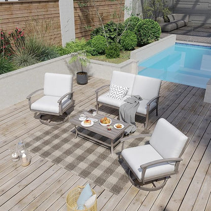 HAPPATIO 4 Piece Aluminum Patio Furniture Set, 4-Person Outdoor Swivel Chairs and Loveseat, All-Weather Outdoor Sectional Sofa with Comfortable Cushions and Coffee Table(Gray)