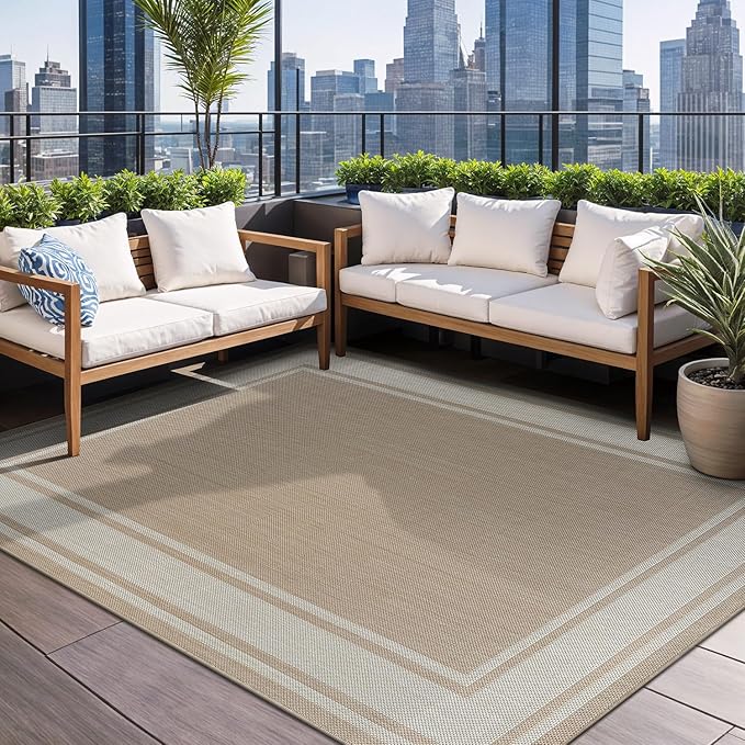 Beverly Rug Outdoor Rug 8x10 Modern Bordered Area Rugs for Indoor and Outdoor Patio Deck Porch Garden Waterproof Weather Sun Resistant Washable Outside Carpet (8 x 10 Beige)
