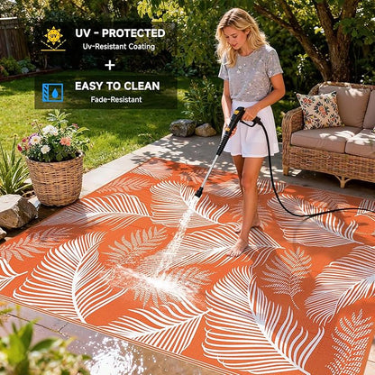 Pauwer Waterproof Outdoor Rug 9x12, Reversible Plastic Straw Patio Camping Rug, Indoor Outdoor RV Mat Carpet for Deck, Camper, Porch, Balcony, Backyard, Picnic, Leaf Orange