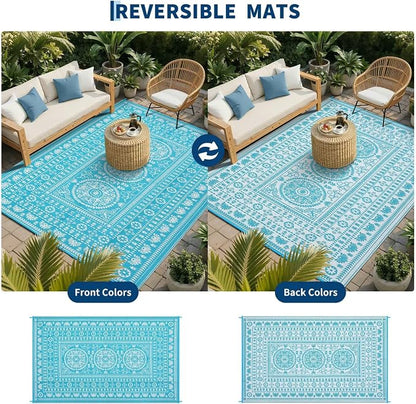 Garvee Reversible Outdoor Rug 8x10 for Patio, Waterproof Outdoor Area Rug, Modern Medallion Indoor Outdoor Rugs, Plastic Straw Rug for RV, Camping, Deck, Vintage Blue