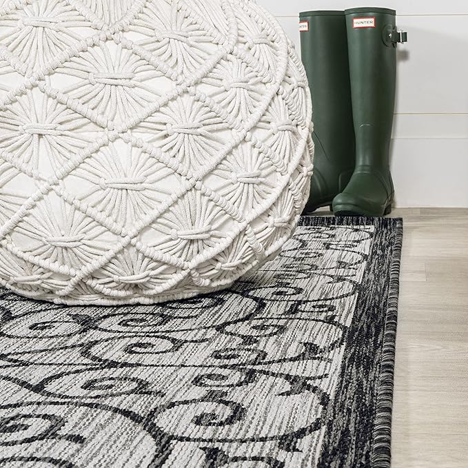 JONATHAN Y Vintage Filigree Indoor Outdoor Runner Rug 2X8 Light Gray/Black, Madrid Textured Weave for Backyard, Patio, Porch, Easy-Cleaning, High Traffic, Pet-Friendly, Non-Shedding (SMB107E-28)