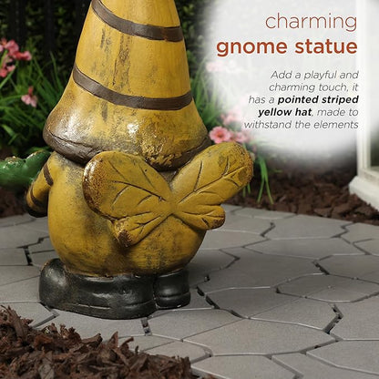 Alpine Corporation MCC854 Vintage Gnome Holding Leaf Bird Feeder with Hat, Playful Decor for Garden & Patio, 19" H, Yellow