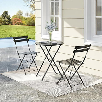 3-Piece Folding Bistro Set, Outdoor Patio Furniture Set with 2 Chairs & 1 Table, Space-Saving Foldable Balcony Garden Set with Heavy-Duty Powder-Coated Steel Frame, No Assembly Required, Black