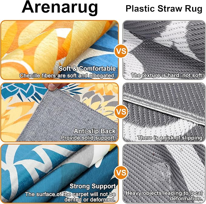 Colorful 9x12 Outdoor Area Rug Washable Multicolored Patio Rug Tropical Botanical Floral Chenille Waterproof Outdoor Carpet Non-Slip for Deck, Backyard, Porch, Ocean Dahlia