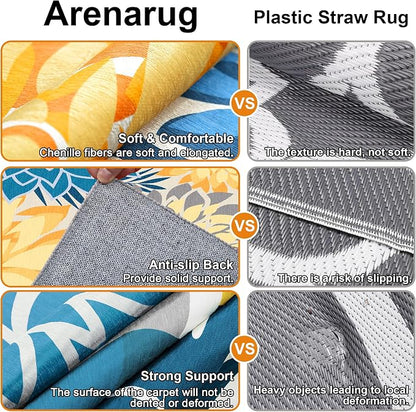 Colorful 9x12 Outdoor Area Rug Washable Multicolored Patio Rug Tropical Botanical Floral Chenille Waterproof Outdoor Carpet Non-Slip for Deck, Backyard, Porch, Ocean Dahlia