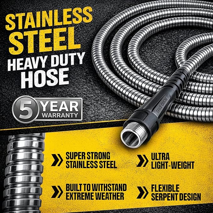 Bionic Steel 25 Ft Metal Garden Hose with Nozzle, 25Ft x 5/8 In. Premium 304 Stainless Steel Metal Water Hose, Flexible Non Kinking, Lightweight, Heavy Duty, for Yard, Outdoor