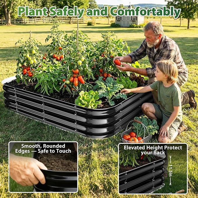 Galvanized Raised Garden Bed 4x4 ft, Heavy Duty Metal Planter Box for Vegetables, Flowers & Herbs, 12" Raised Outdoor Modular Gardening Bed, Above Ground Growing Container, Easy Assembly, Black