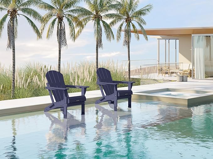 MUCHENGHY Folding Adirondack Chairs Set of 2, Patio & Outdoor Chairs, Plastic Weather Resistant with Cup Holder for Deck, Backyard, Garden (Dark Navy Blue)