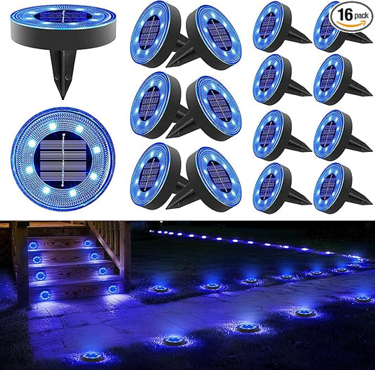 Joomer 16 Pack Solar Ground Lights, 2-in-1 Solar Lights Outdoor Waterproof Solar Powered Disc Light Landscape Garden Lighting Light for Patio Pathway Lawn Yard Driveway Walkway Deck Step (Blue)
