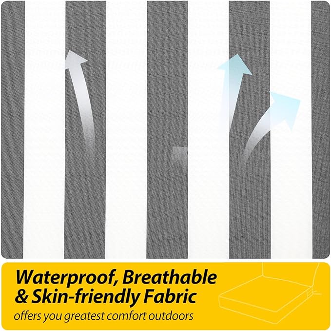AAAAAcessories Outdoor Seat Cushions for Chairs, Fade-Resistant, Waterproof Patio Furniture Replacement Cushions, 24" x 24" x 5" + 24" x 13.5", Gray Cabana Stripe