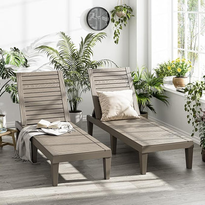 Outdoor Lounge Chairs Set of 2, 5-Position Adjustable Tanning Chairs with Wood Grain, All-Weather Resin Patio Recliners for Pool, Garden, Deck, Beach, Patio Lounge Chairs, Texture Grey