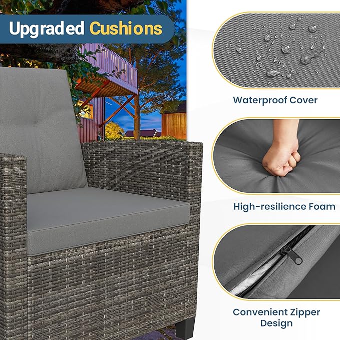 Wisteria Lane 4 Piece Patio Furniture Set, Wicker Outdoor Patio Conversation Furniture Set, All Weather Outdoor Patio Sofa with Cushion and Glass Table, Gray Wood