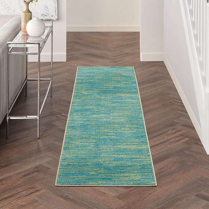 Nourison Home Essentials Indoor/Outdoor Blue Green 2'2" x 12' Area Rug, Easy Cleaning, Non Shedding, Bed Room, Living Room, Dining Room, Backyard, Deck, Patio (2x12)