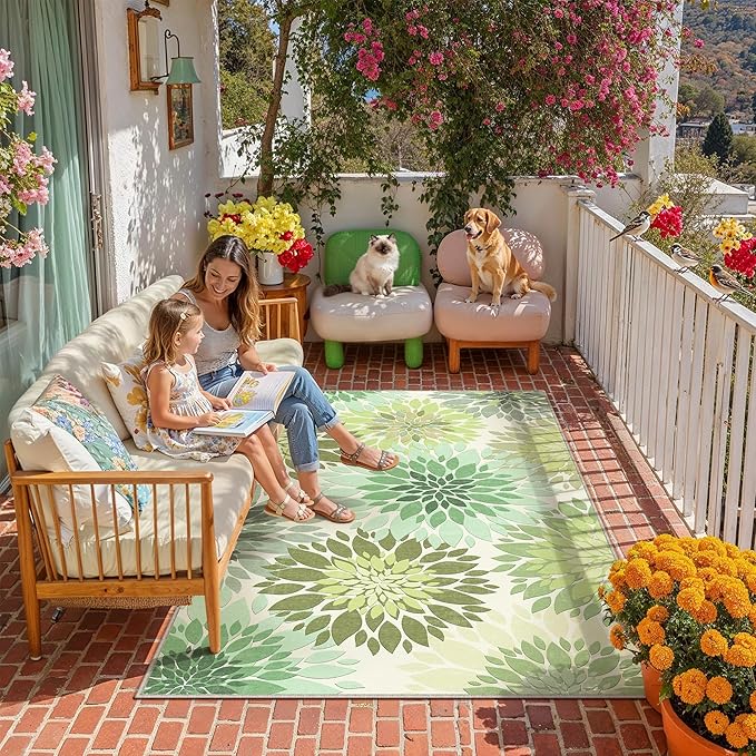 4x6 Indoor Outdoor Area Rug Washable Patio Rug Green Non Slip Non Shedding Waterproof Doormat for Living Room Bedroom Entryway Kitchen Front Porch Deck Backyard Dining Room