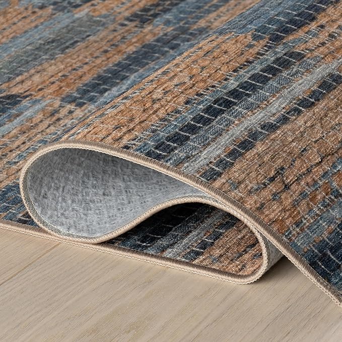 Dash & Albert Ravel Stripe Blue Machine Washable Rug, 9.5 X 13.5 Feet, Tan/Blue Stripe Pattern