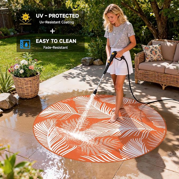 Pauwer Waterproof Outdoor Rug 6ft, Reversible Plastic Straw Patio Camping Rug, Indoor Outdoor RV Mat Carpet for Deck, Camper, Porch, Balcony, Backyard, Picnic, Leaf Orange