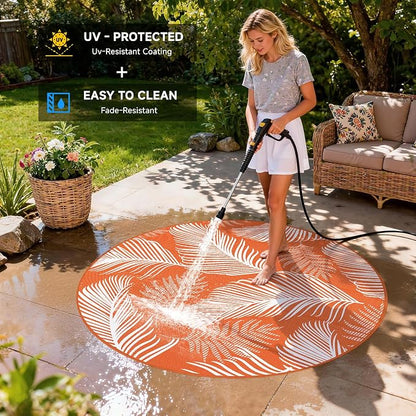Pauwer Waterproof Outdoor Rug 6ft, Reversible Plastic Straw Patio Camping Rug, Indoor Outdoor RV Mat Carpet for Deck, Camper, Porch, Balcony, Backyard, Picnic, Leaf Orange