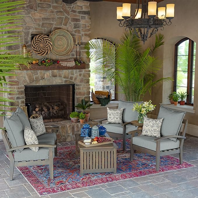Arden Outdoor Throw Pillow, 16x16 Patio Accent Cushion, Water & UV Resistant, Fade Resistant Outdoor Decorative Pillow with Recycled Polyfiber Fill, Neutral Aurora Damask
