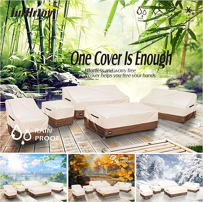 Patio Ottoman Cover Waterproof Square Outdoor Ottoman Covers, 22W x 22D x 18H Inches Patio Furniture Covering Protector Outdoor Side Table Cover, Beige&Brown