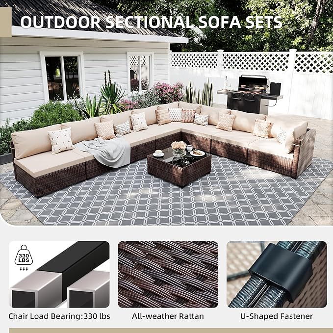 UPHA 9 Pieces Patio Furniture Sets Outdoor Sectional Sofa Wicker Conversation Couch for Decks, Backyards, Gardens, Brown Rattan, Beige Cushion