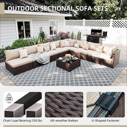 UPHA 9 Pieces Patio Furniture Sets Outdoor Sectional Sofa Wicker Conversation Couch for Decks, Backyards, Gardens, Brown Rattan, Beige Cushion
