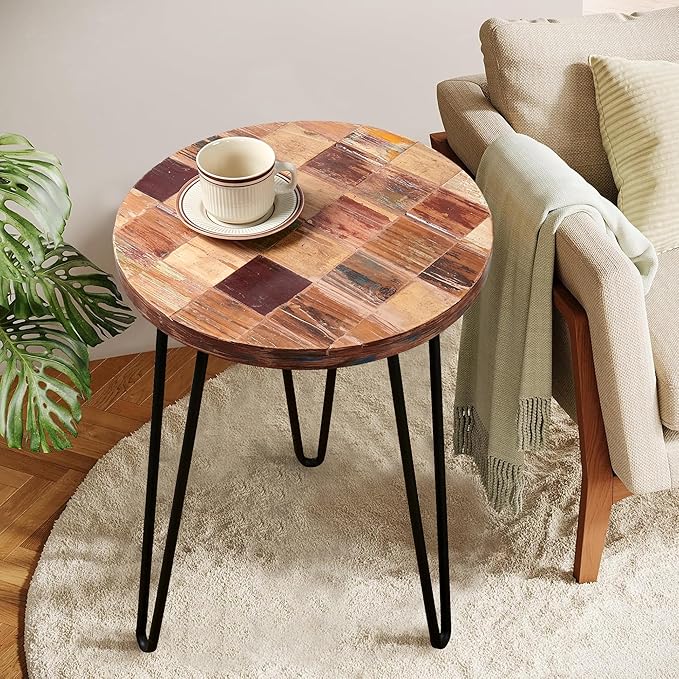 Wood Multi Color Side Table 17.5" x 17.5" x 20" H Reclaimed Vintage Round Accent Coffee Table Wooden Rustic Outdoor Patio End Tables Plant Stand Living Room Bedroom