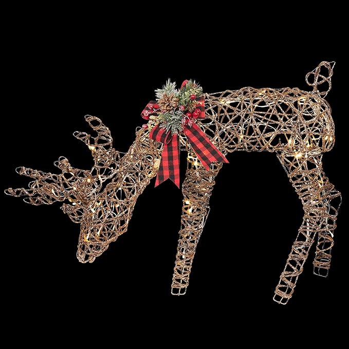 Alpine Corporation 27" Tall Rattan Grazing Reindeer with Bow and LED Lights, Indoor/Outdoor Christmas Lawn and Yard Decor, Festive Holiday Decoration