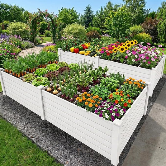 DWVO 4 x 4 x 2 FT Raised Garden Bed, Outdoor Vinyl Flower Bed with Growth Grid, Large Plastic Planter Box for Vegetables, Flowers, Herbs, Fruits, White