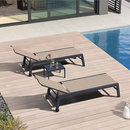PURPLE LEAF Patio Chaise Lounge Set 2 Pieces Textilene Pool Lounge Chairs with Wheels Sunbathing Chair for Outdoor Yard (2 Camel Lounges W/Side Table)
