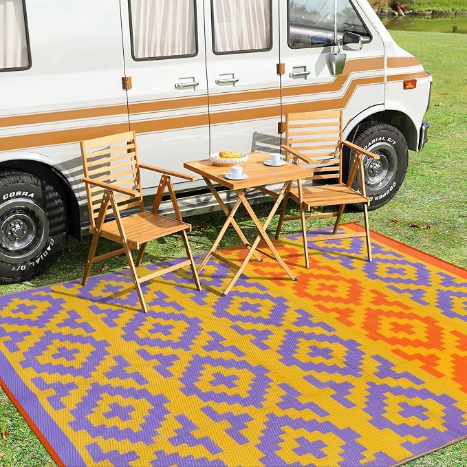 Anidaroel Camping Rug for Outside RV, 8x10 Waterproof Outdoor Rug for Patio Clearance, Reversible Plastic Straw Outside Area Rug for Deck, Camper, Backyard, Picnic(Purple&Orange,8‘x10')