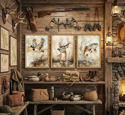 3Pcs Framed Rustic Outdoor Wildlife Canvas Wall Art,Watercolor Deer Duck And Fish Wall Decor Pictures,Vintage Farmhouse Hunting Posters Prints,for Living Room Bathroom Kitche Home Decoration