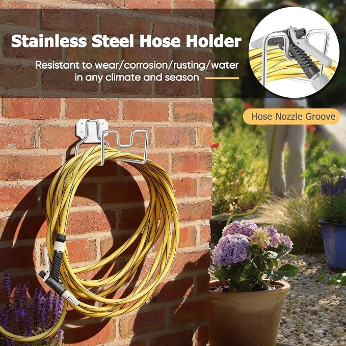 HaSteeL 18/0 Stainless Steel Garden Hose Holder Hook, Metal Wall Mount Hanger for Outside Yard Water Vacuum Expandable Hose Extension Cords Storage, Rust Resistant, Hose Nozzle Groove (2 Pack)