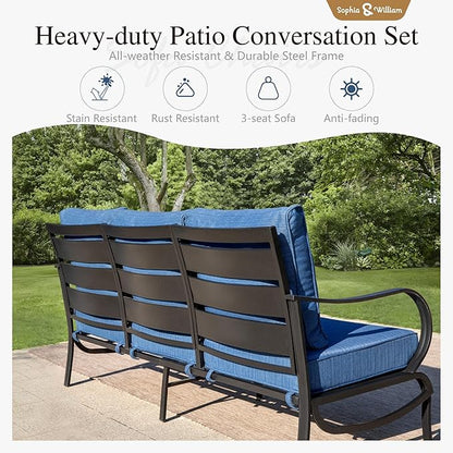 Sophia & William Patio Furniture Sets for 7 Outdoor Conversation Set 7 Pcs with 2 x Swivel Sofa Chairs, 2 x Armrest Chairs, 1 x 3-Seat Sofa, 2 x Ottomans Garden Backyard Poolside Peacock Blue