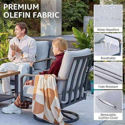 NATURAL EXPRESSIONS 5 Piece Patio Furniture Set, Outdoor Conversation with 4 Pcs Swivel Rocking Chairs and 27" Double-Layer Coffee Table 6" Thick Cushions for Balcony, Backyard, Deck (Light Gray)
