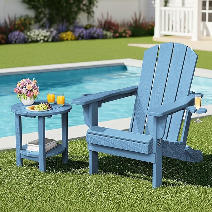 SERWALL Round Outdoor Side Table, HDPE Small Adirondack End Table,2-Tier Patio Side Table for Backyard Pool Porch Garden Lawn, Navy