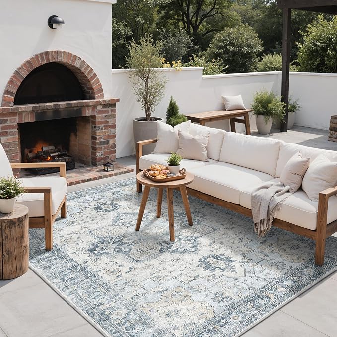 GENIMO Outdoor & Indoor Area Rug 4'x6', Waterproof, Non-Shedding, Easy Cleaning, Boho Mat for Patio, Living Room, Balcony, Dining Room, RV, Deck, Bedroom, Camping, Outside Carpet,Blue