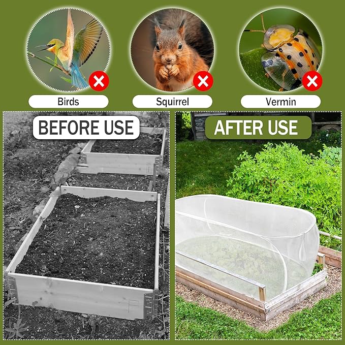2PCS 47" x 21" x 17" Garden Netting for Raised Beds, Foldable Raised Garden Bed Cover with Ground Nail, Raised Bed Cover Fit 4 x 2ft Garden Beds, Insect Bird Control, Plant Protection