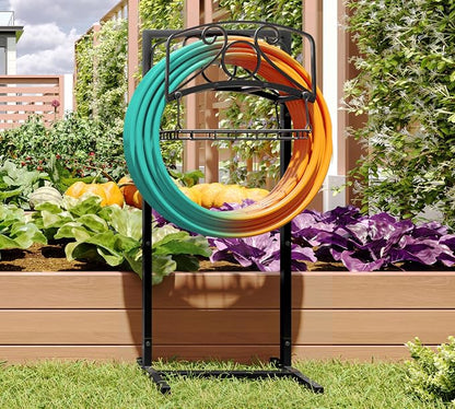 Fire Beauty Heavy-Duty Portable Garden Hose Holder with Storage Basket,80+ lbs Capacity,Holds 180ft Hose,Dual Support Rods & Rustproof Screws