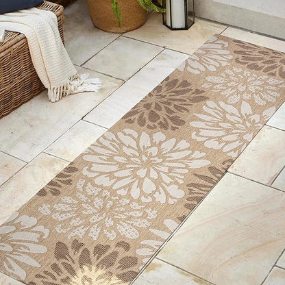 JONATHAN Y Floral Textured Weave Indoor Outdoor Runner Rug 2X8 Brown/Cream, Zinnia Modern for Backyard, Patio, Porch, Easy-Cleaning, High Traffic, Pet-Friendly, Non-Shedding (SMB110I-28)