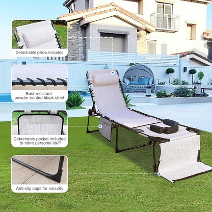 Outdoor Chaise Lounge Chair with Face Hole and Arm Hole, Tanning Chair with 5 Position Adjustable Back, Foldable Lounge Chair with Detachable Pocket and Pillow for Beach, Pool, Cream White
