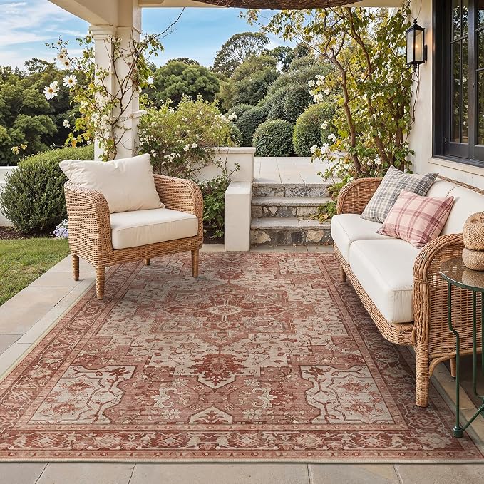 GENIMO Outdoor & Indoor Area Rug 5'x8', Waterproof, Non-Shedding, Easy Cleaning, Boho Mat for Patio, Living Room, Balcony, Dining Room, RV, Deck, Bedroom, Camping, Outside Carpet,Brown Red