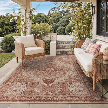 GENIMO Outdoor & Indoor Area Rug 4'x6', Waterproof, Non-Shedding, Easy Cleaning, Boho Mat for Patio, Living Room, Balcony, Dining Room, RV, Deck, Bedroom, Camping, Outside Carpet,Brown Red