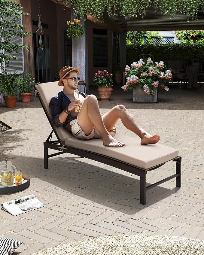 Crestlive Products Chaise Lounge Chair with Cushion,Outdoor 5 Position Recliner, All Weather Furniture for Patio, Beach, Yard, Pool (1PCS Beige)