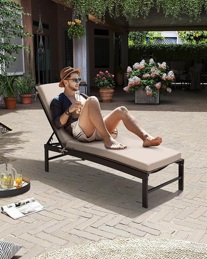 Crestlive Products Chaise Lounge Chair with Cushion,Outdoor 5 Position Recliner, All Weather Furniture for Patio, Beach, Yard, Pool (1PCS Beige)