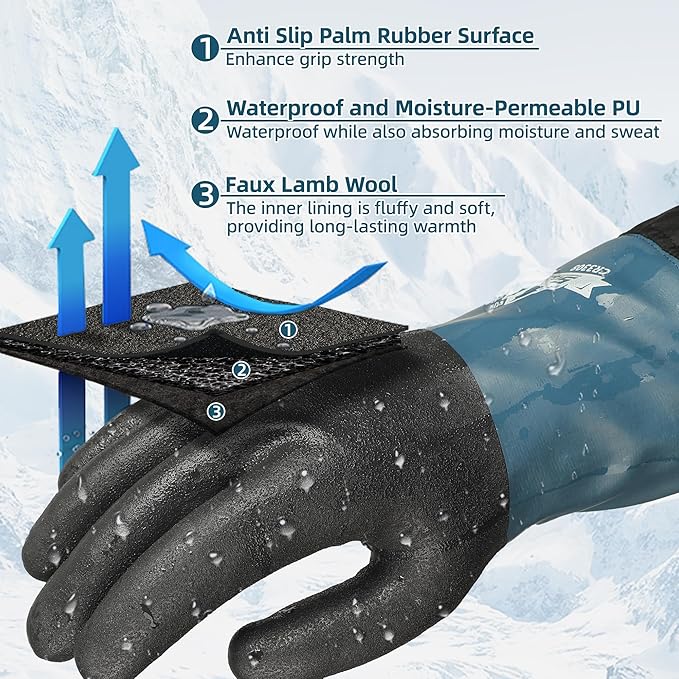 Schwer 100% Waterproof Winter Work Gloves, Long Freezer Glove with Water-based PU Coating, Ultimate Warmth, Non-Slip, Thermal Glove for Outdoor Activities & Daily Work, Hiking, Camping, Washing, L