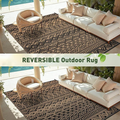 MontVoo Outdoor Rug 8x10 Waterproof Outdoor Patio Rug Mat Reverisble Plastic Straw Outdoor Rug for RV Camping Picnic Beach Balcony Boho Black Brown