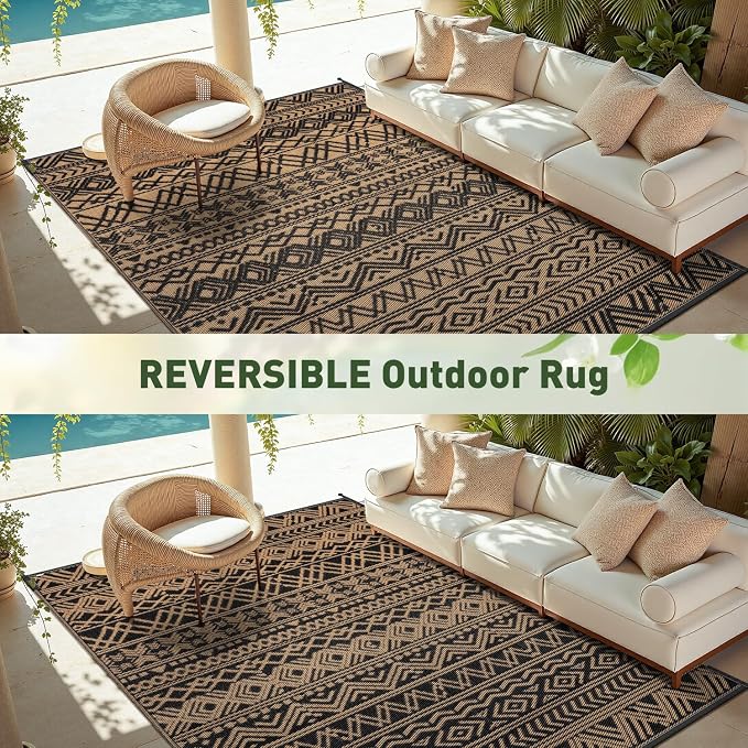 MontVoo-Outdoor Rug Carpet Waterproof 5x8 ft Reversible Patio Rug RV Camping Rugs Plastic Straw Outside Indoor Outdoor Area Rugs for Patio Deck Balcony Picnic Beach Outdoor Decor Boho Black Brown