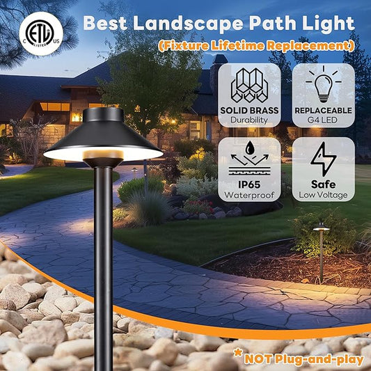 Gardenreet Solid Cast Brass Pathway Light - 12v LED Landscape Path Lights Outdoor Waterproof IP65, Electric Pathlights Wired, Hat Shape Black for Garden Decorations G4 Bulb Not Included (12 Pack)