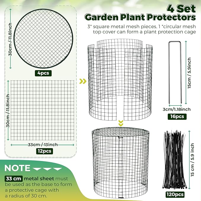 Hiboom 4 Set Garden Plant Protectors from Animals with Stakes, Metal Mesh and Detachable Covers Wire Plant Cage for Keeping Bunny Animals Out, Chicken Wire Cover Garden Protection (12x13)